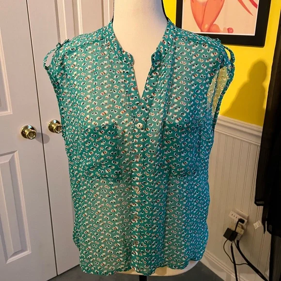Button-Up Blouse Teal Turquoise Spot Spotted Pattern Patterned Multicolor Medium - Picture 2 of 4